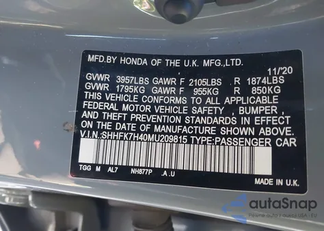 2021 Honda Civic Sport z USA, uszkodzony, nr VIN SHHFK7H40MU209815